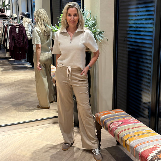 Yaya Wide Leg Contrast Band Sand - Peet kleding