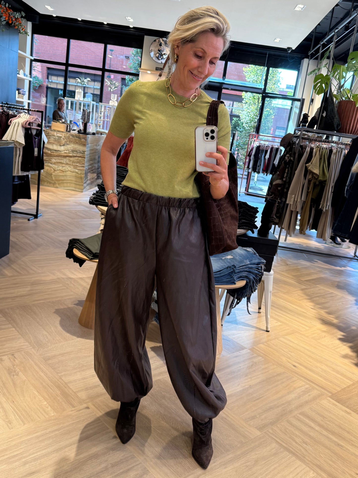 Broek Jill Ballon PU Bruin - Peet kleding