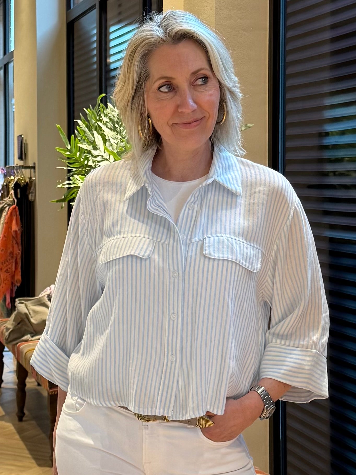 Blouse Carmen Streep Lichtblauw - Peet kleding