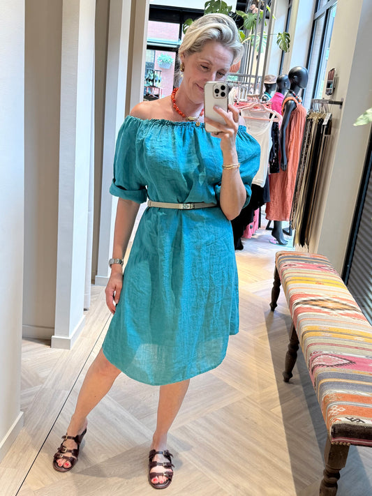 Jurk Maartje Linnen Turquoise - Peet kleding