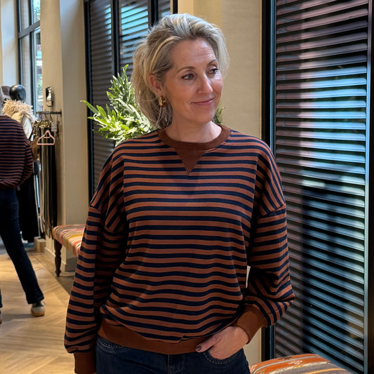 Azzurro Pip Sweater Streep Navy Camel - Peet kleding