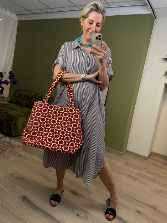Jurk Pia Linnen Streep Bruin - Peet kleding