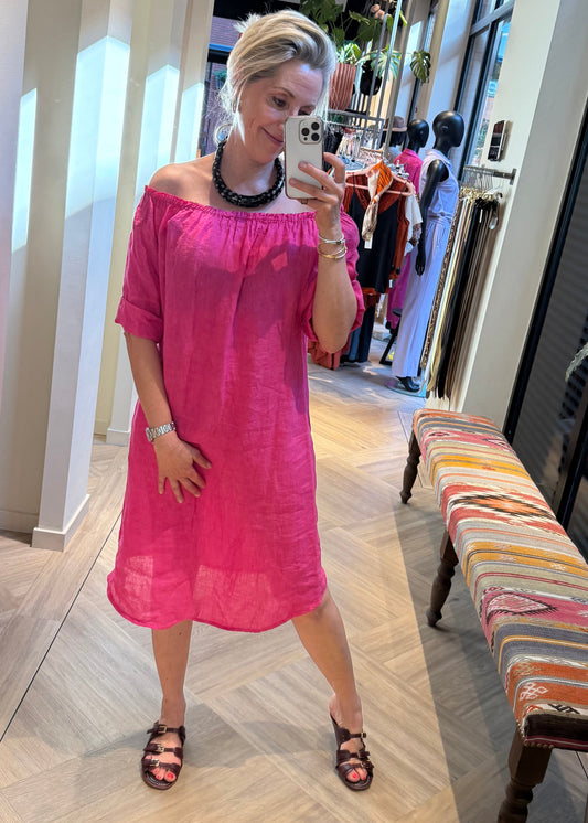 Jurk Maartje Linnen Fuchsia - Peet kleding