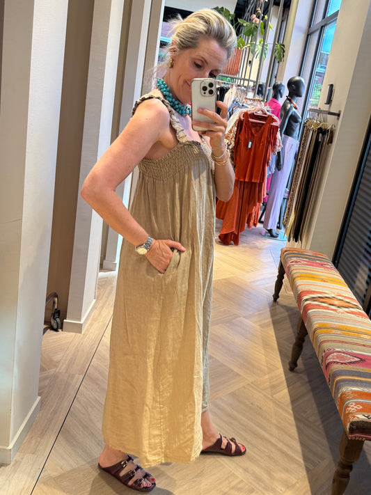 Jurk Fleur Linnen Camel - Peet kleding