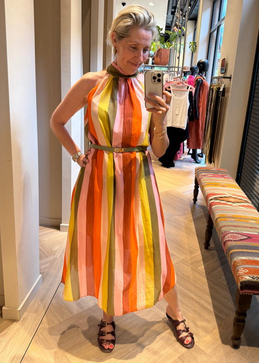 Jurk Halter Silky Streep Koraal - Peet kleding
