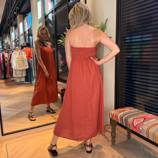 Jurk Strapless Petra Linnen Apricot - Peet kleding