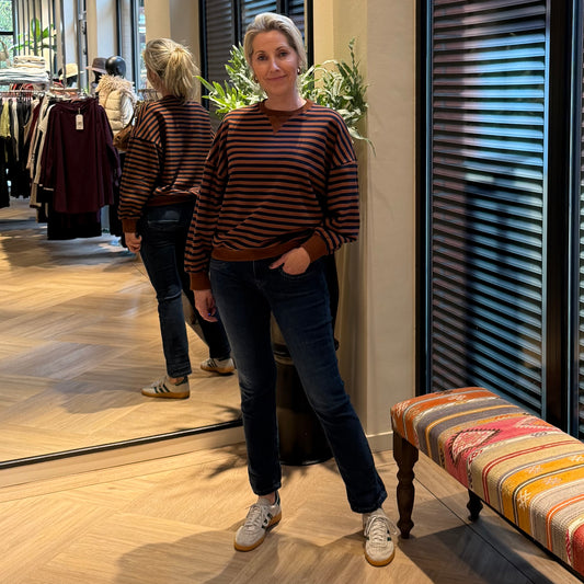 Azzurro Pip Sweater Streep Navy Camel - Peet kleding