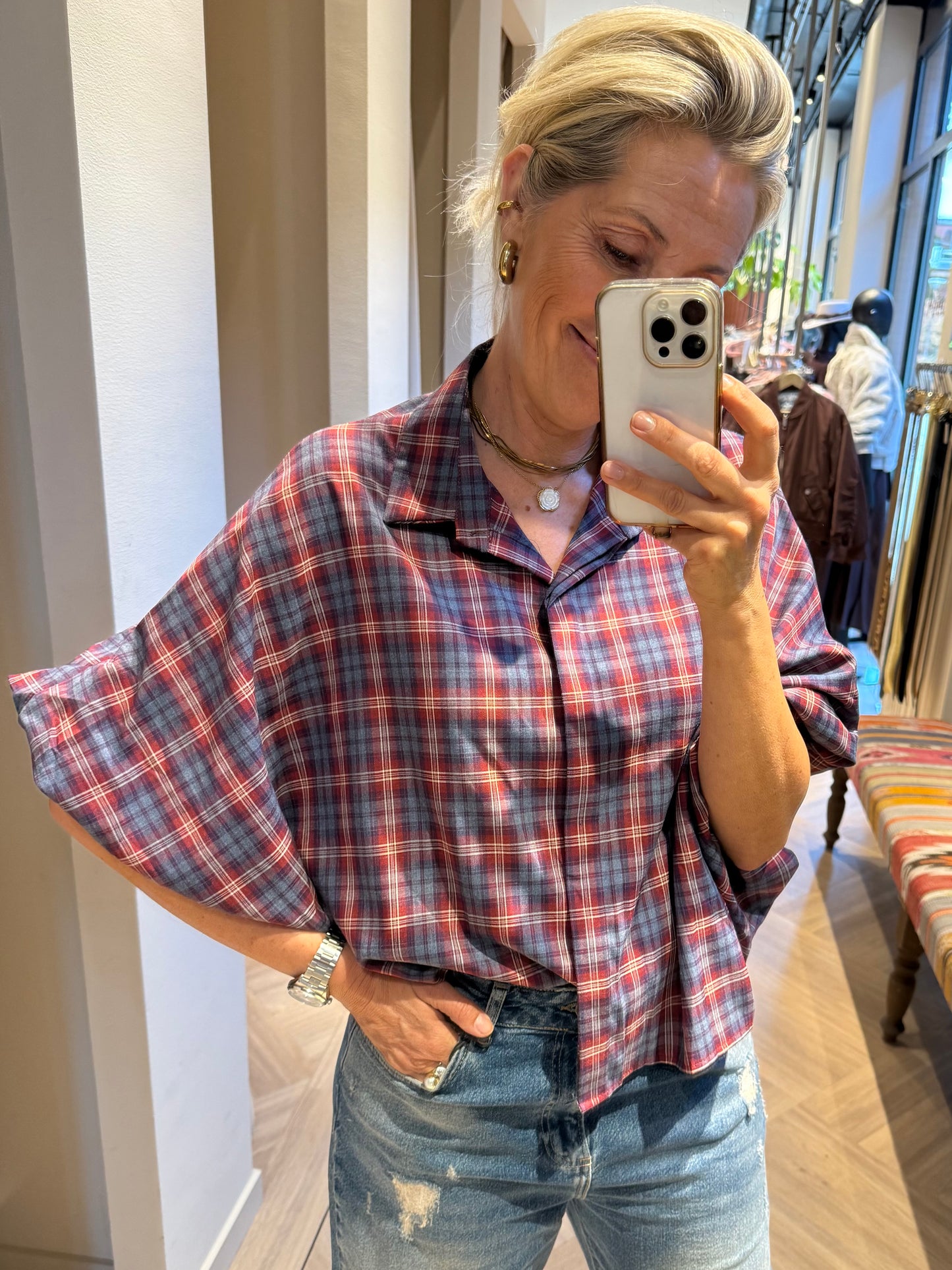Blouse Ruit Roos Blauw