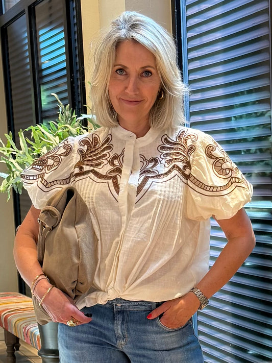 Blouse Marise Embroid Creme Bruin - Peet kleding