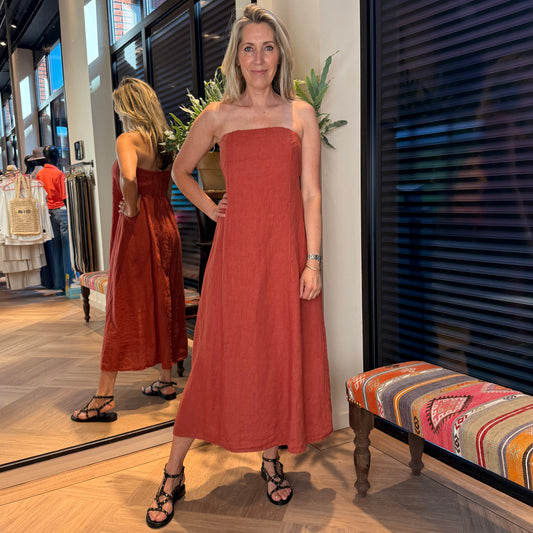 Jurk Strapless Petra Linnen Apricot - Peet kleding