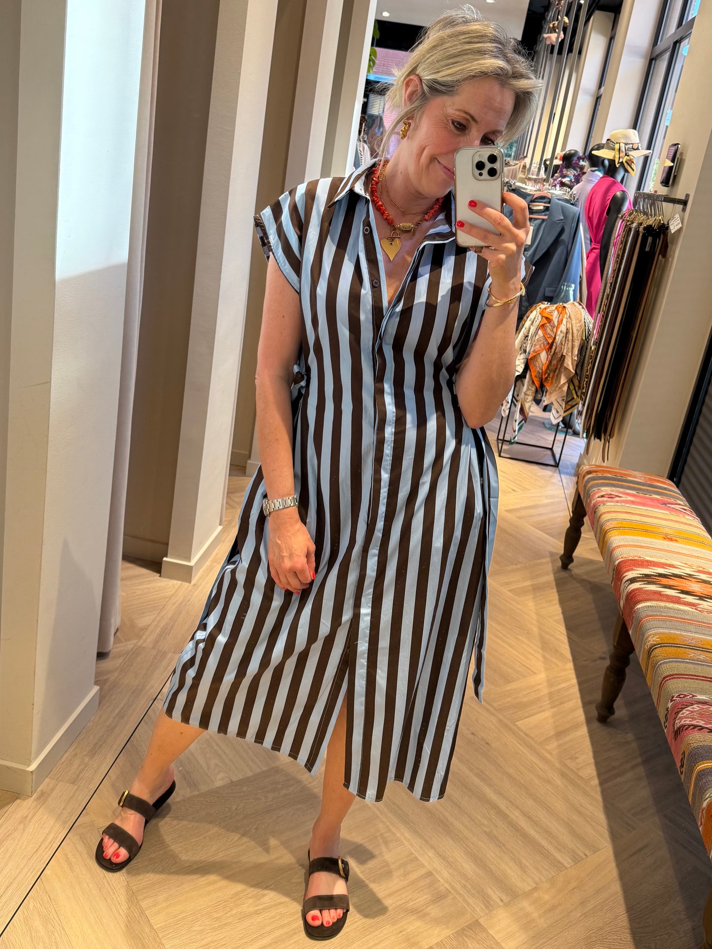 Jurk Streep Claudia Bruin Blauw - Peet kleding