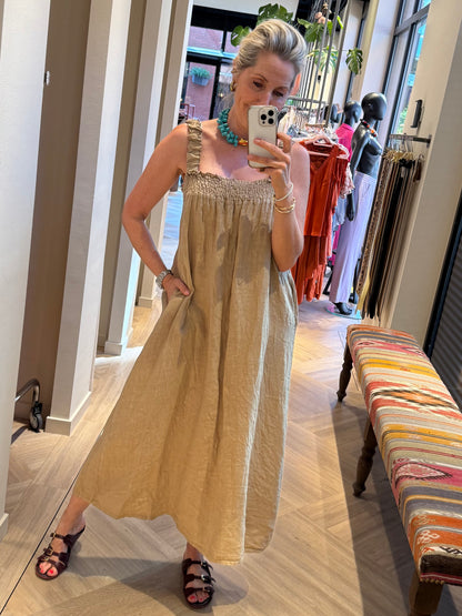 Jurk Fleur Linnen Camel - Peet kleding