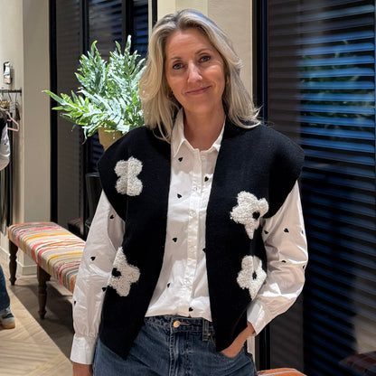 Geisha Vest Flowers Zwart Wit - Peet kleding