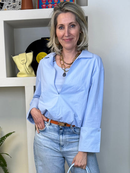 Yaya V-hals Blouse Balon Lichtblauw - Peet kleding