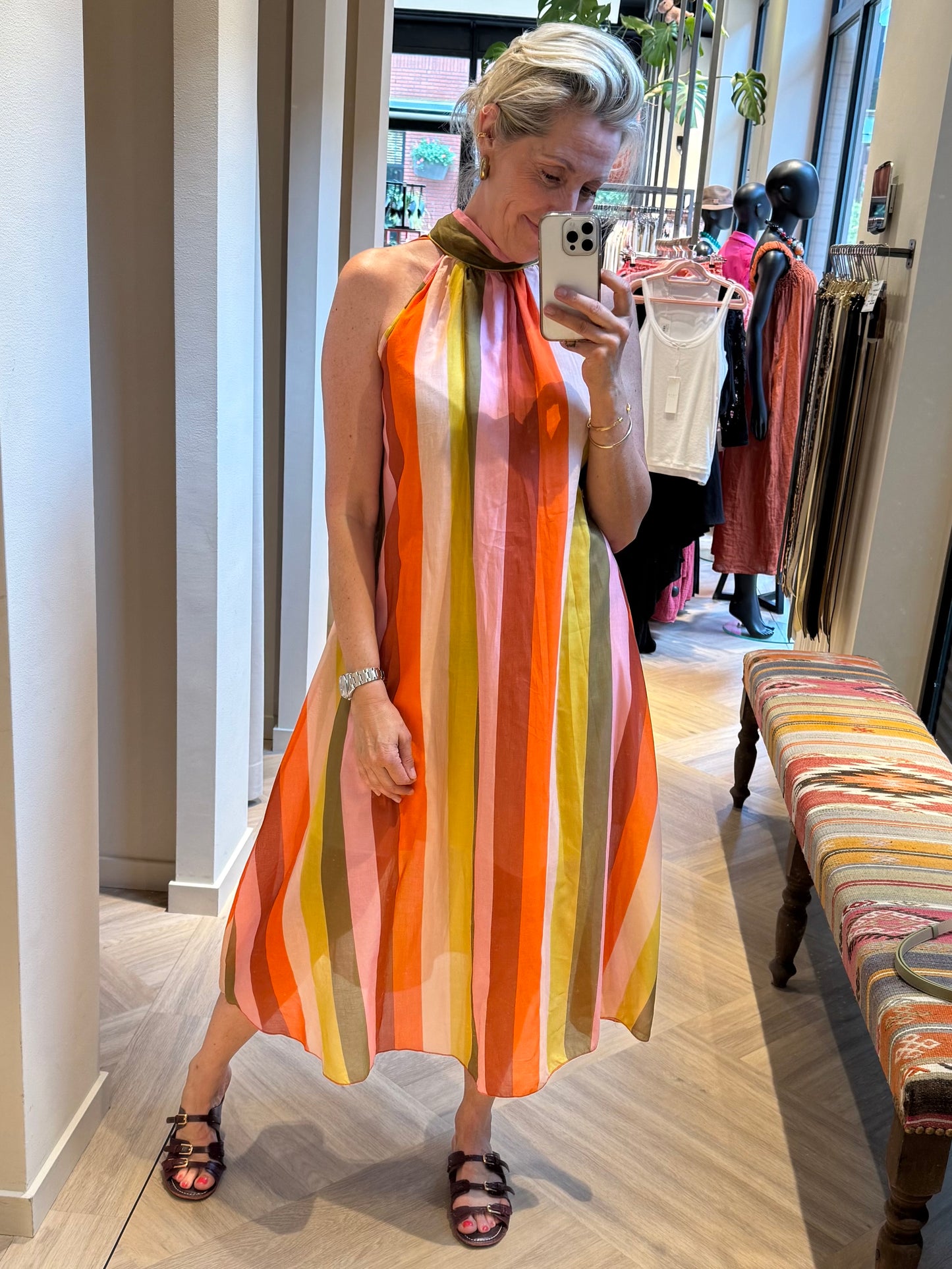 Jurk Halter Silky Streep Koraal