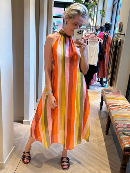 Jurk Halter Silky Streep Koraal