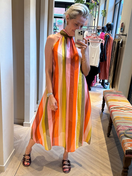 Jurk Halter Silky Streep Koraal - Peet kleding