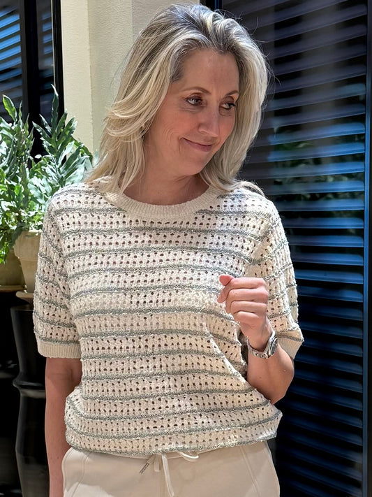 Red Button Top Jolene Streep Khaki - Peet kleding