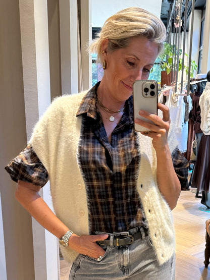 Red Button Vest Sleeveles Fuzzy Cream