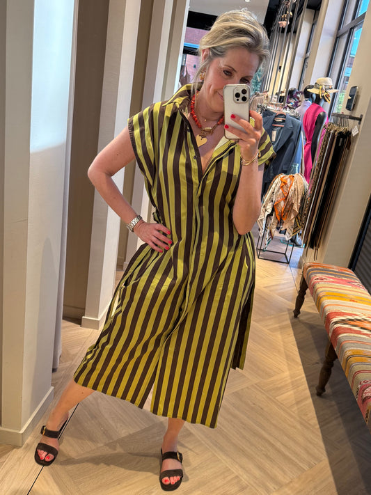 Jurk Streep Claudia Bruin Olijf - Peet kleding