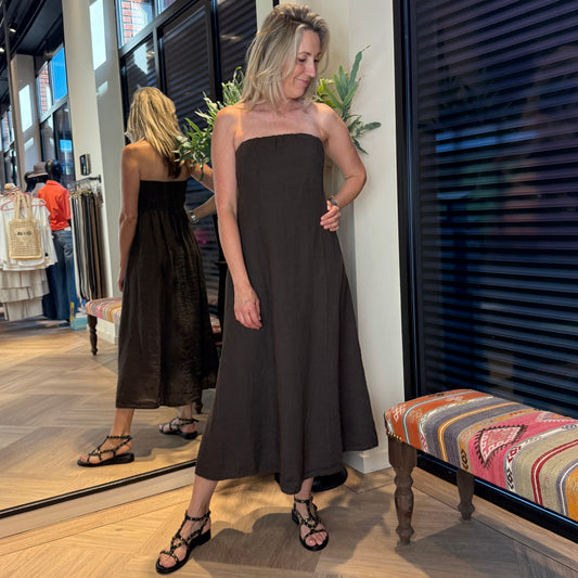 Jurk Strapless Petra Linnen Bruin - Peet kleding