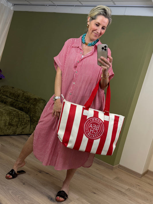 Jurk Pia Linnen Streep Rood - Peet kleding