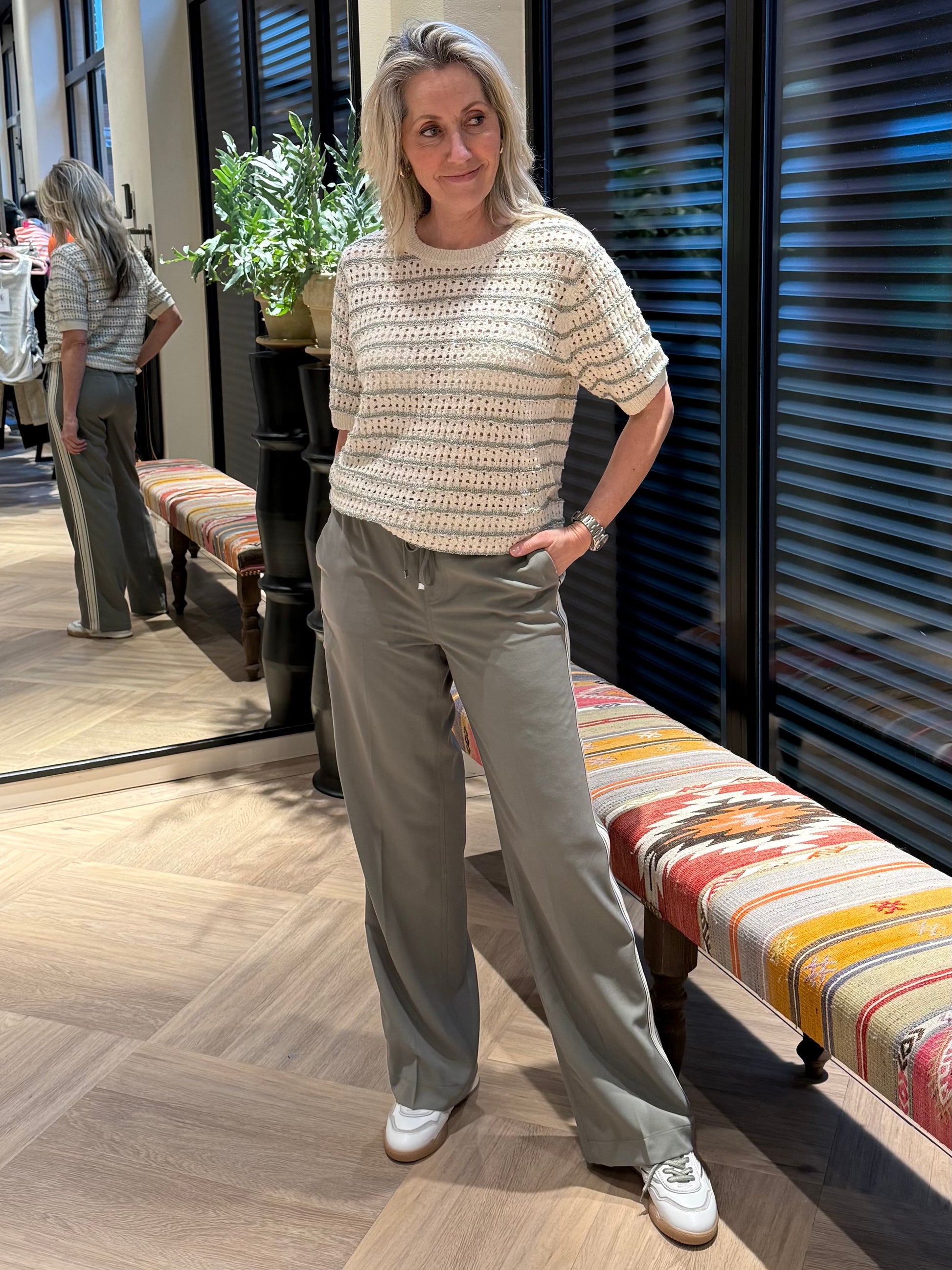 Red Button Top Jolene Streep Khaki - Peet kleding