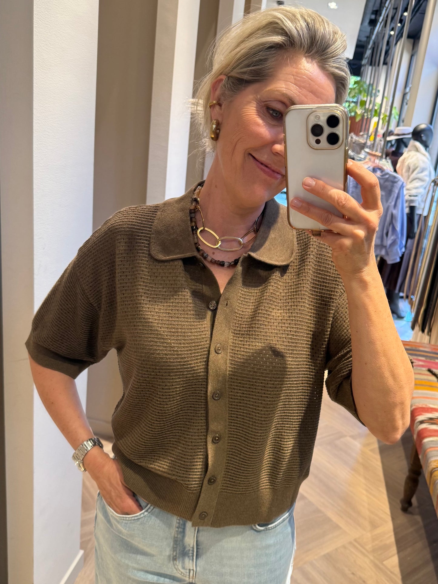 Yaya Vest Opengewerkt Teak Brown