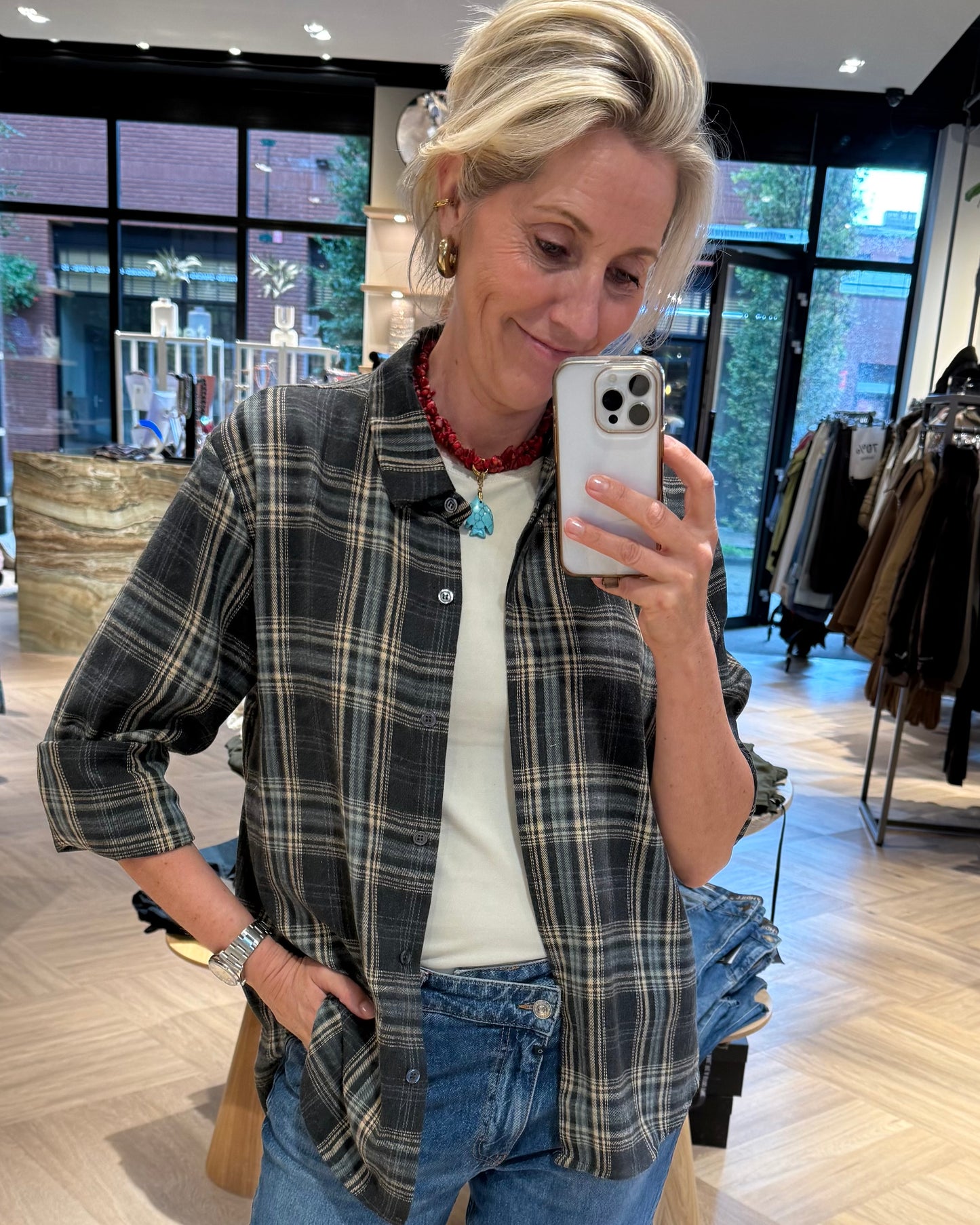 Blouse Wood Ruiten Olijf Blauw