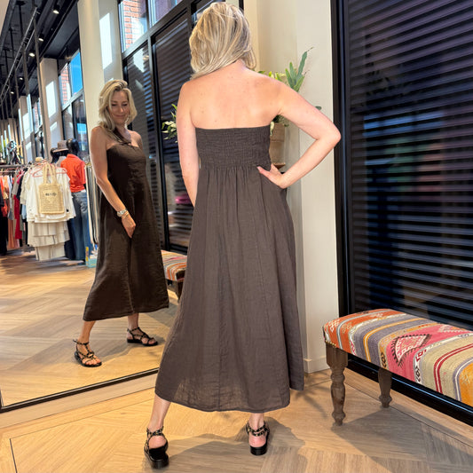 Jurk Strapless Petra Linnen Bruin - Peet kleding