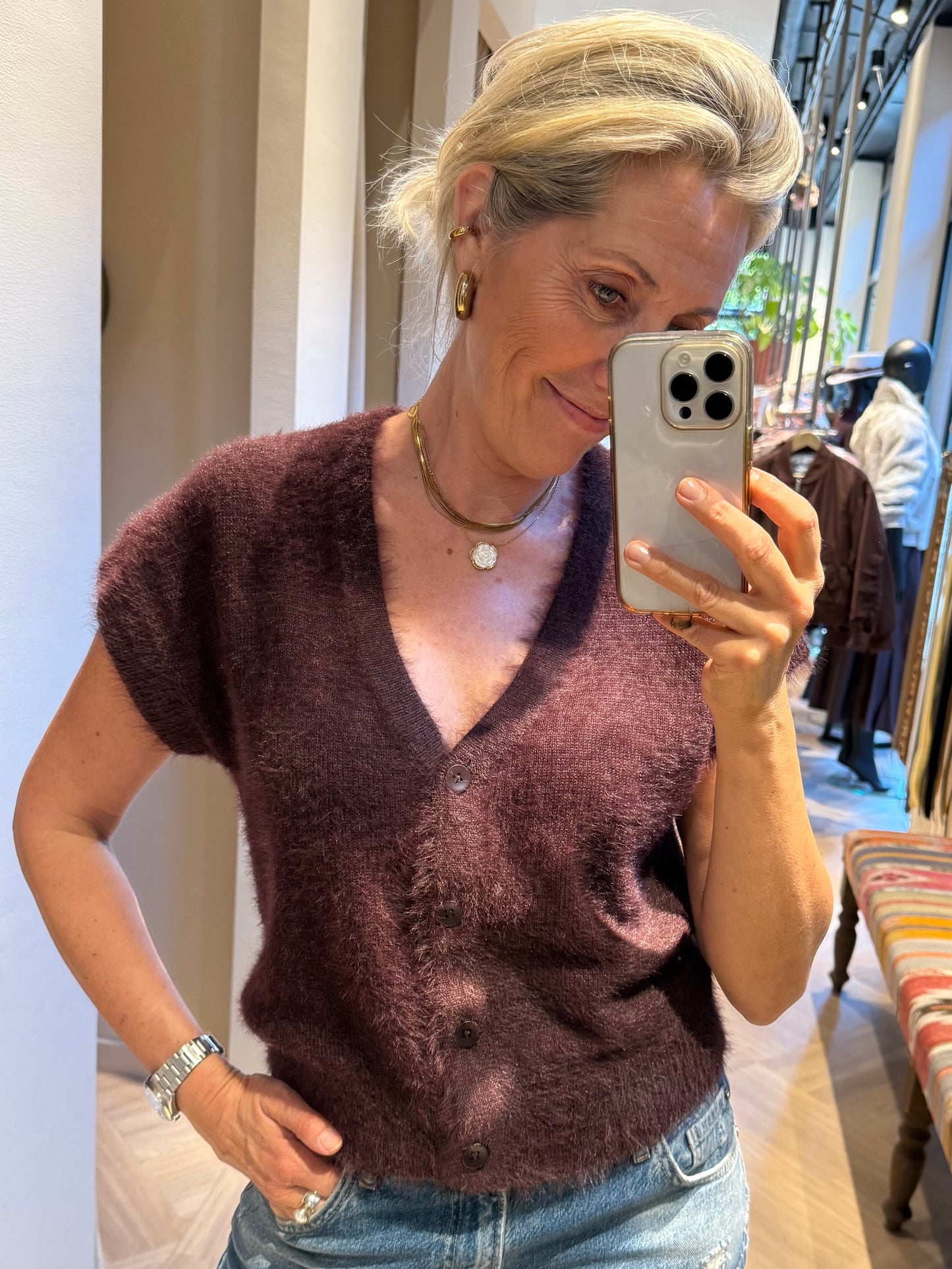 Red Button Vest Sleeveles Fuzzy Burgundy