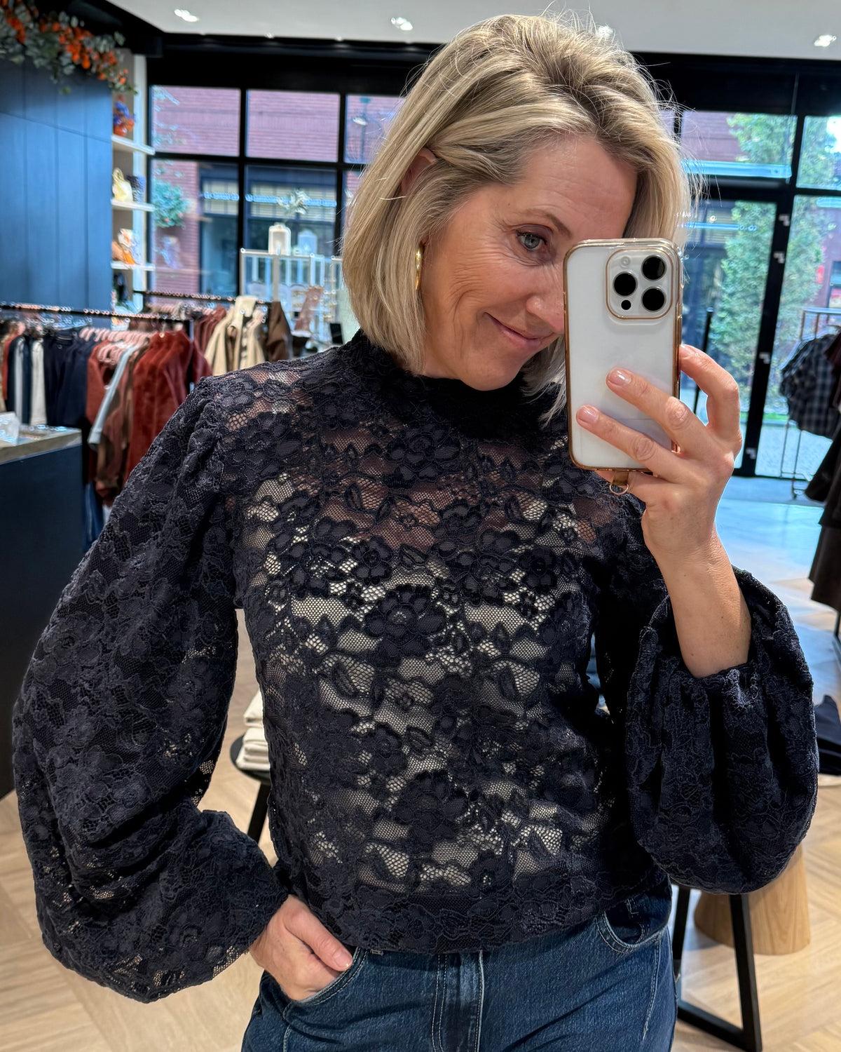 Top Mura Ballonmouw Kant Donkerblauw - Peet kleding