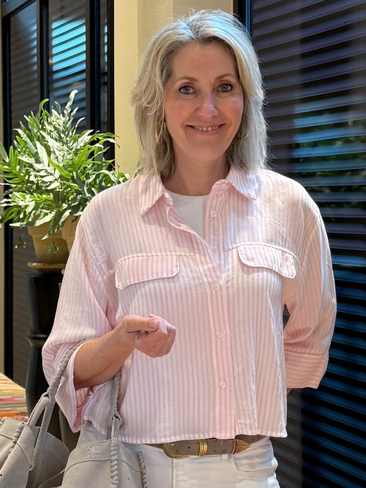 Blouse Carmen Streep Zachtroze - Peet kleding