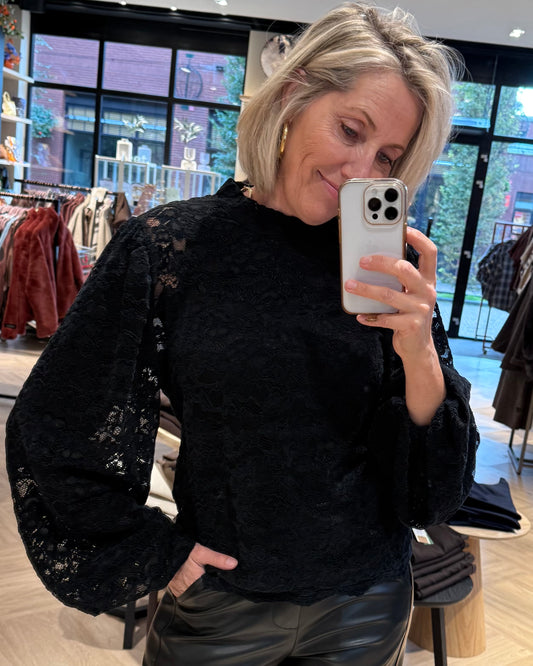 Top Mura Ballonmouw Kant Zwart - Peet kleding