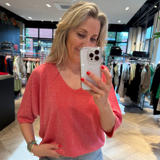 Triple Nine V-Hals Lurex Koraal - Peet kleding