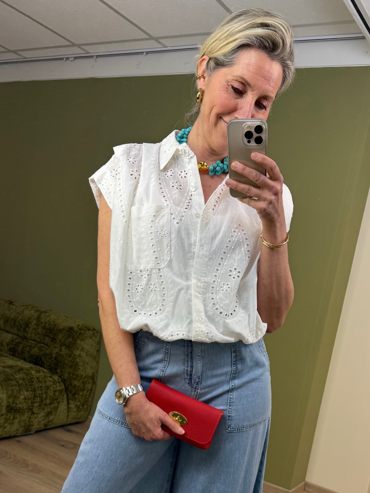 Blouse Boxy Broderie Offwhite - Peet kleding