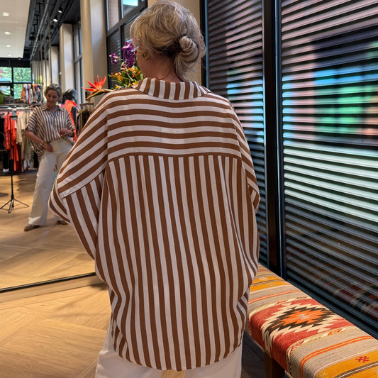 Blouse Stripe Mocca Wit - Peet kleding