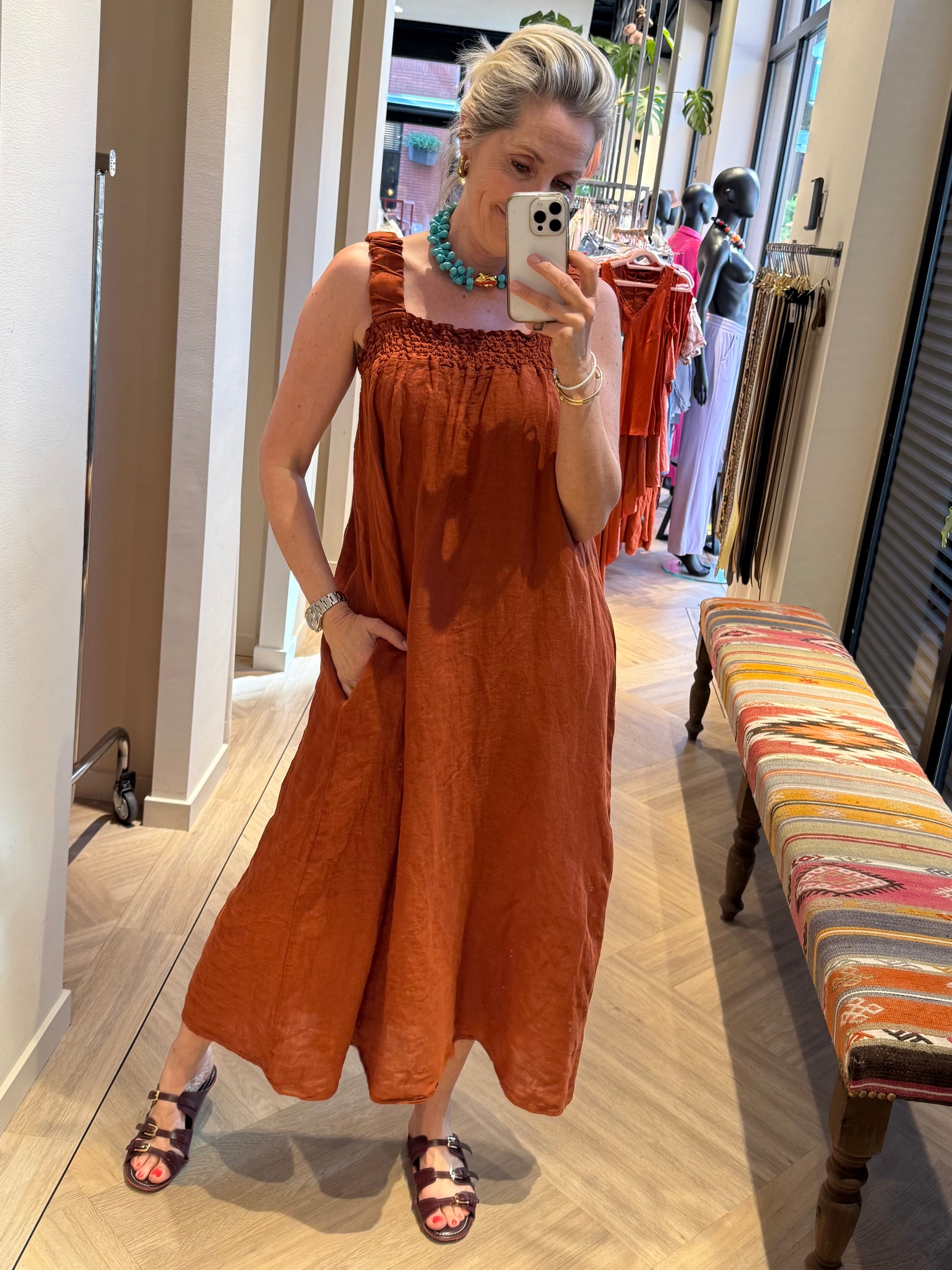 Jurk Fleur Linnen Brique - Peet kleding