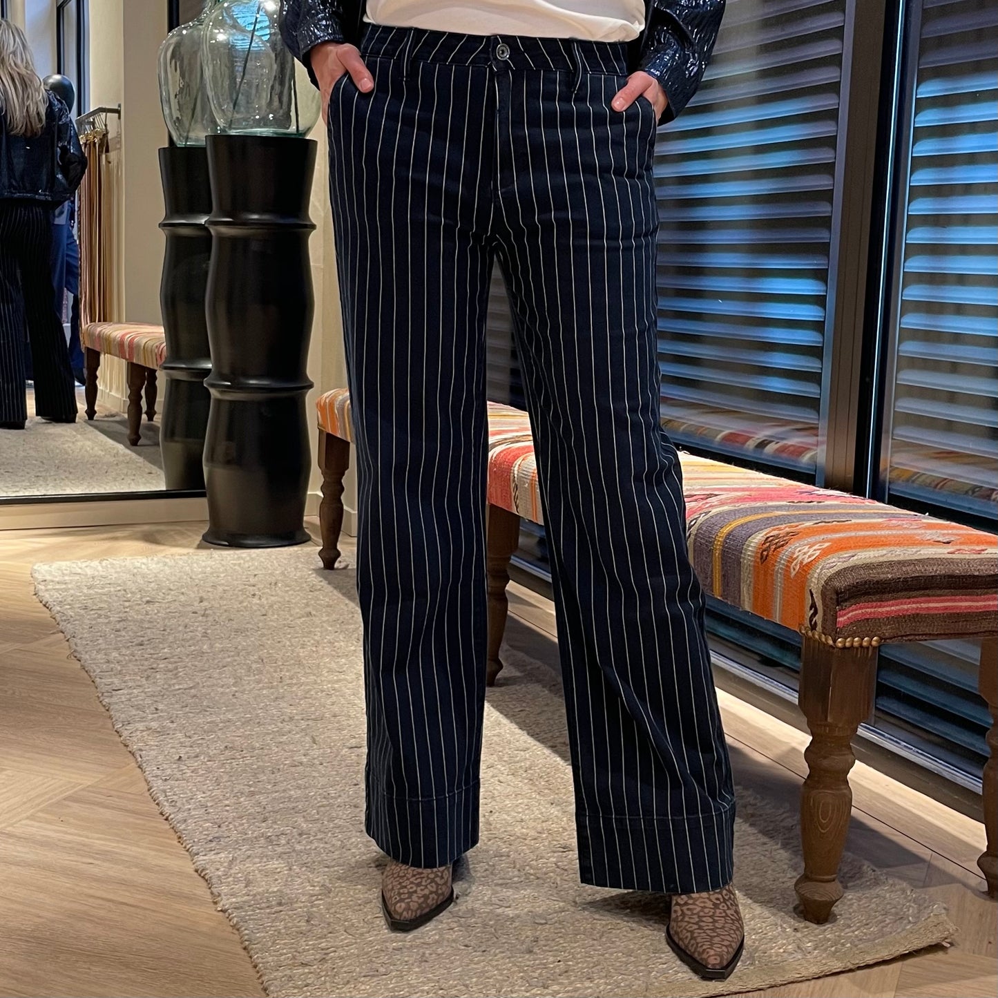 Geisha Wide Pinstripe Indigo White - Peet kleding