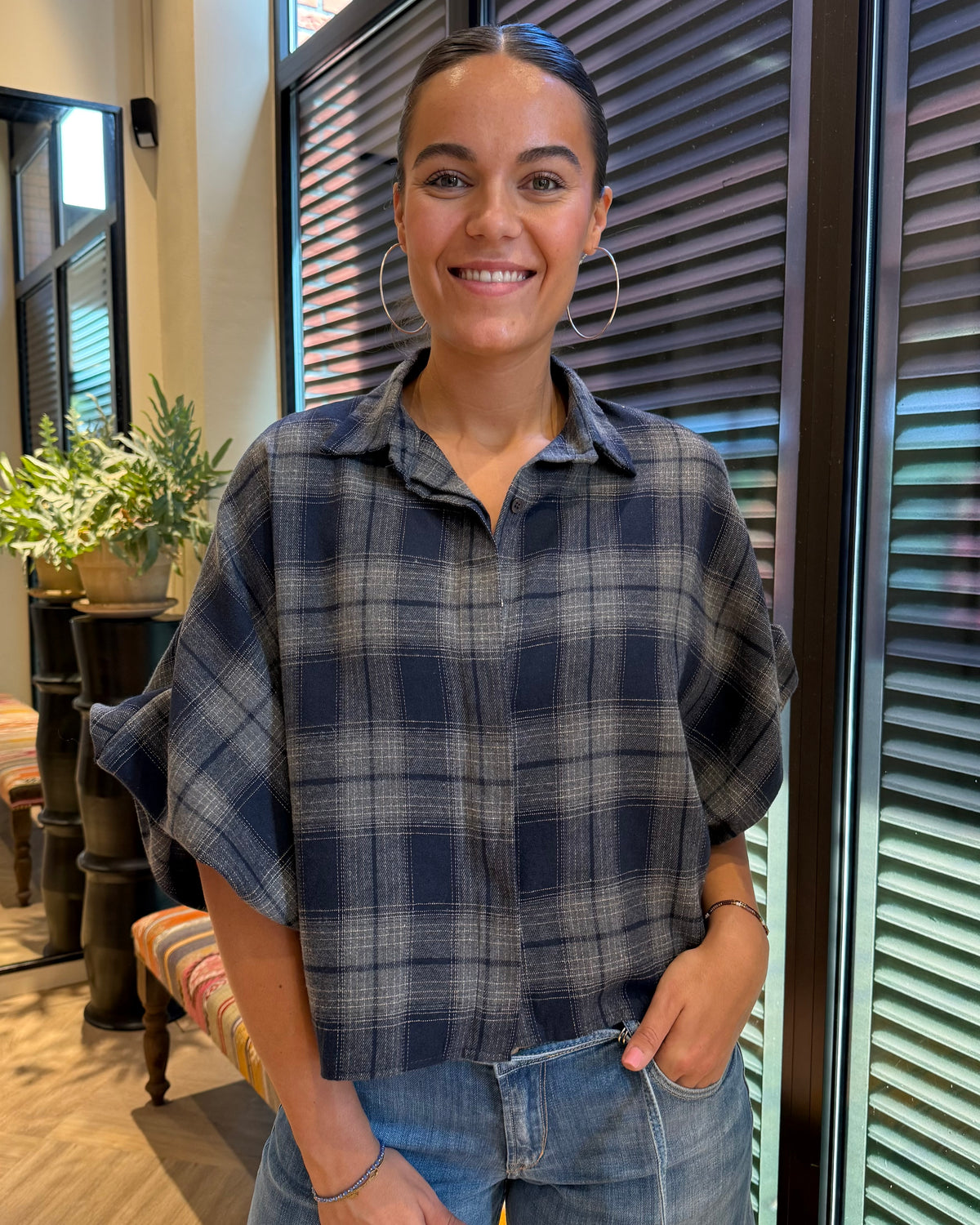 Blouse Roos Navy Grijs Ruit