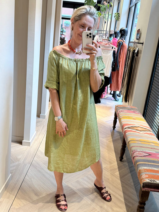 Jurk Maartje Linnen Groen - Peet kleding