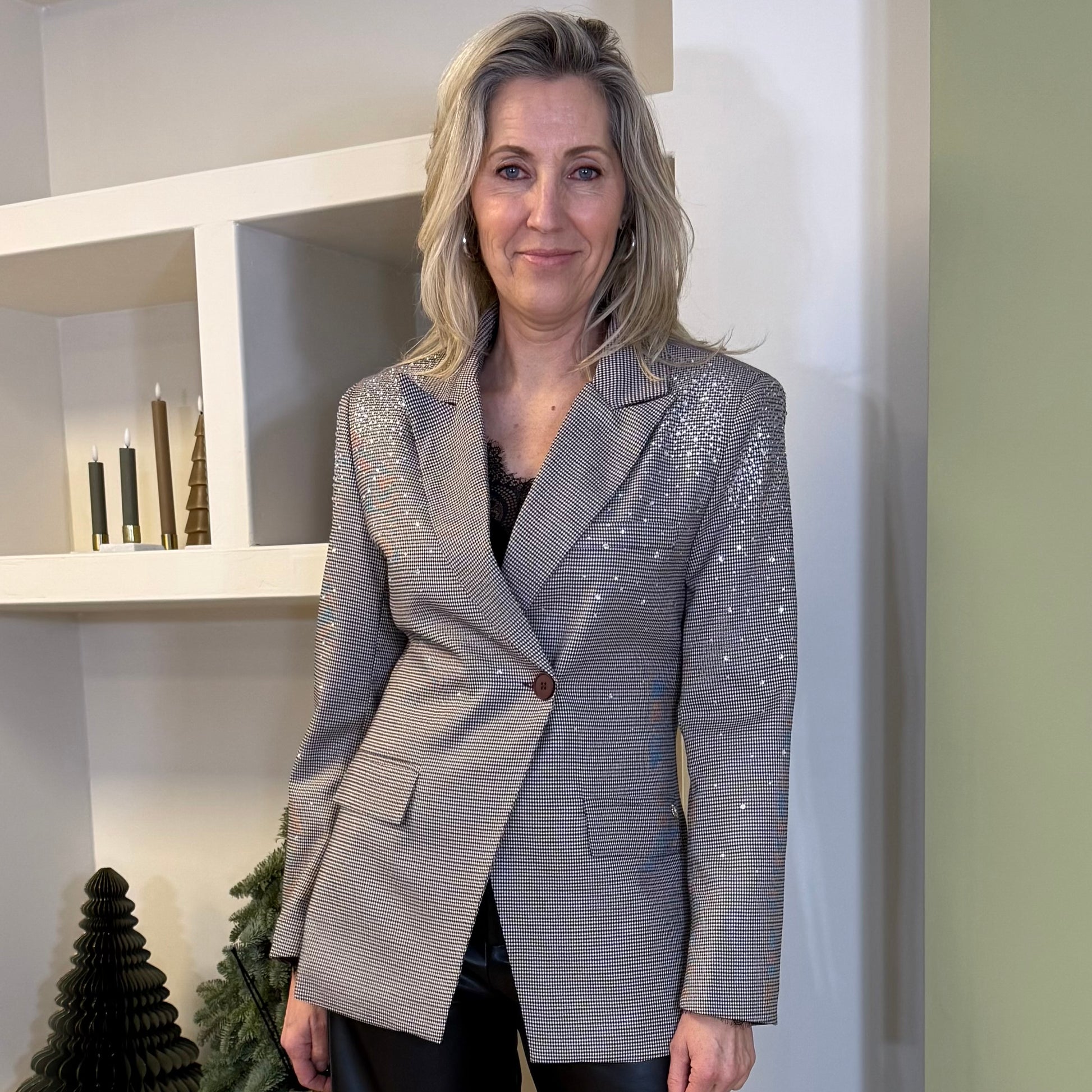 Ambika Blazer Geruit Zwart Bruin Glitter - Peet kleding