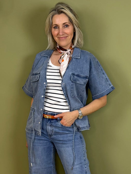 Red Button Blouse Drew Denim Lichtblauw - Peet kleding