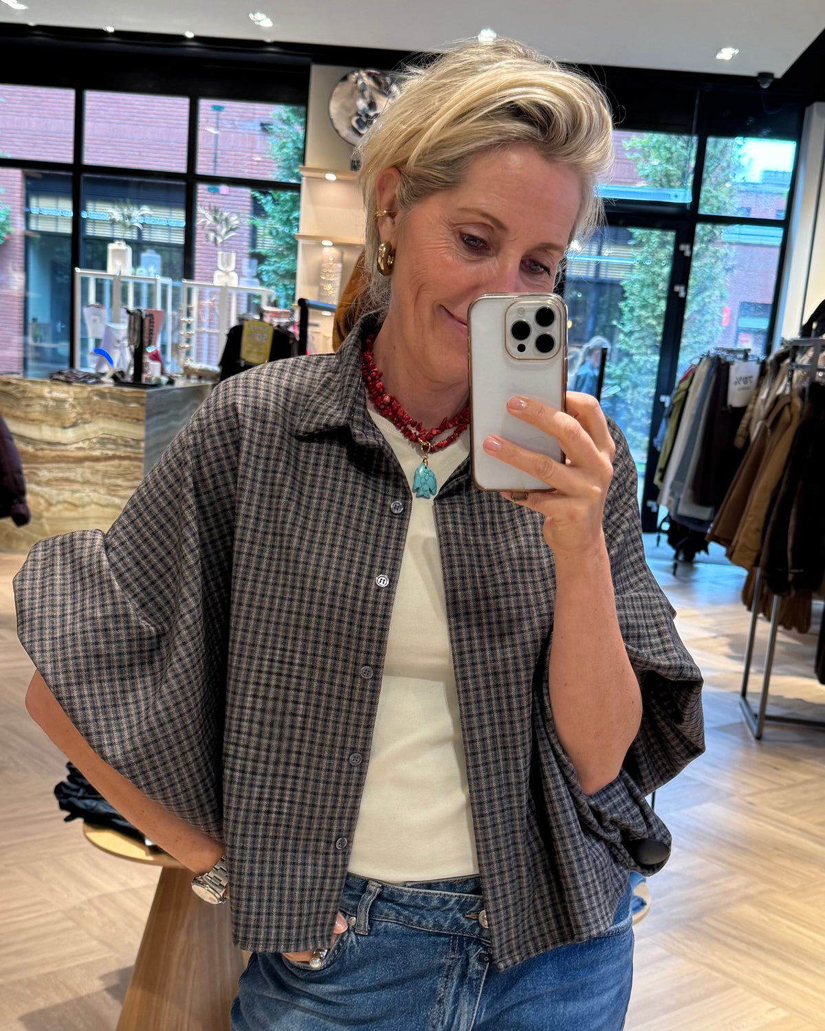 Blouse Roos Kleine Ruit Grijs