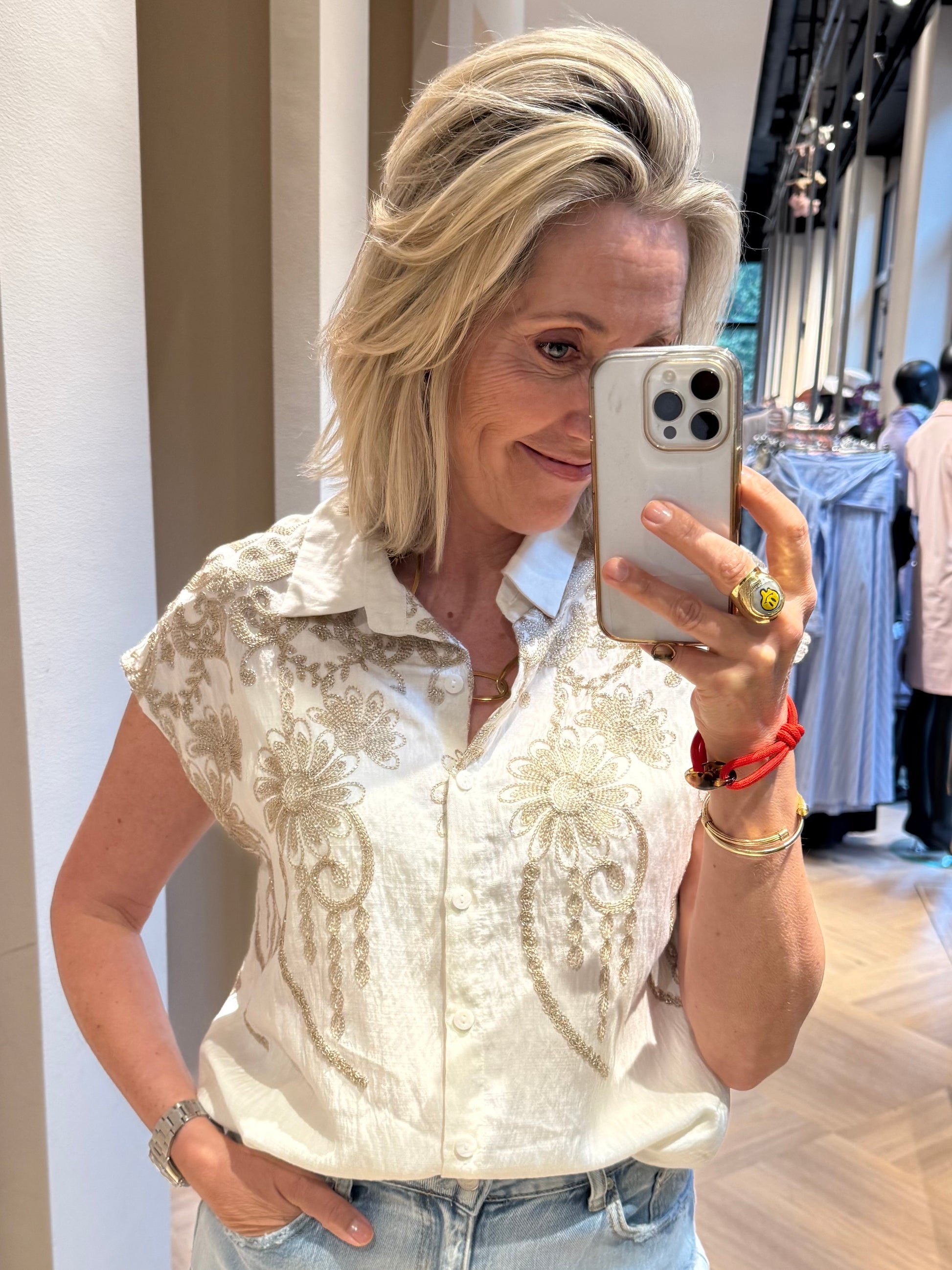 Blouse Zonder Mouw Embroid Ecru Goud - Peet kleding
