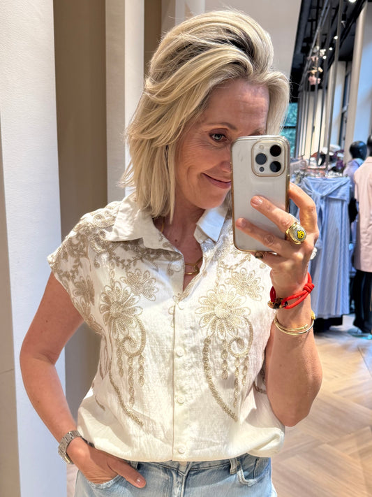 Blouse Zonder Mouw Embroid Ecru Goud - Peet kleding