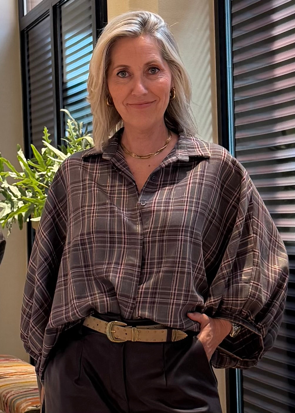 Blouse Ruit Roos Grijs Aubergine - Peet kleding