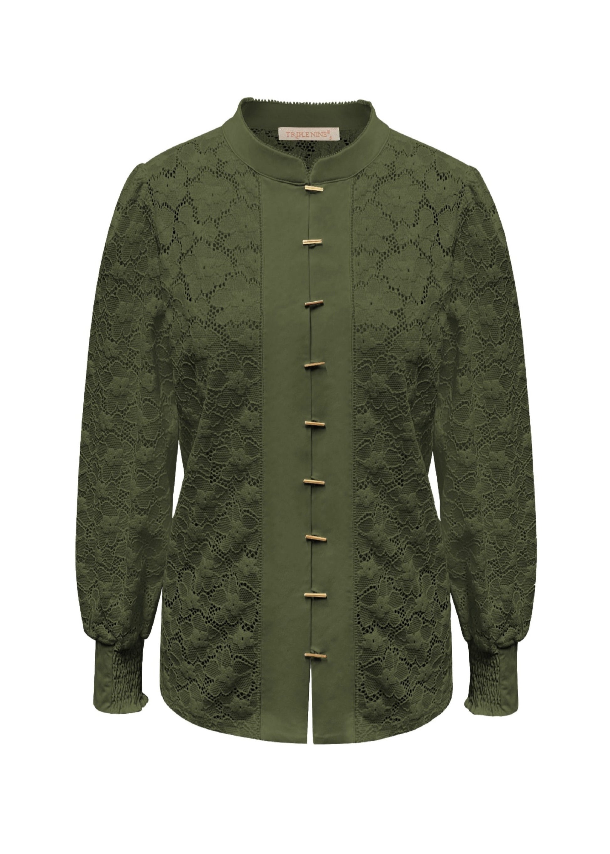 Triple Nine - Lace Blouse Mandarin Olijfgroen - 5946 - Peet kleding