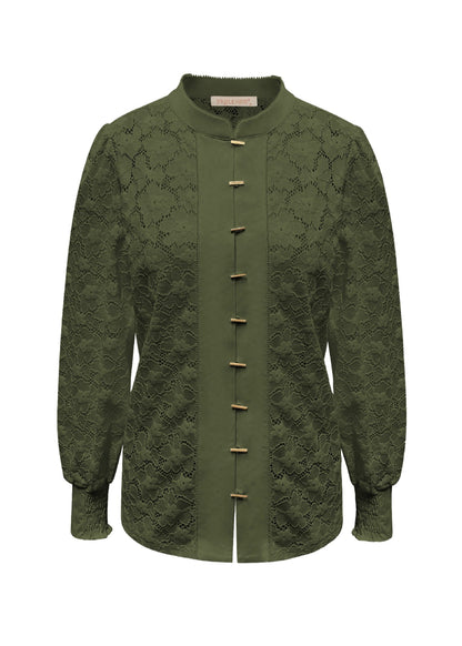 Triple Nine - Lace Blouse Mandarin Olijfgroen - 5946 - Peet kleding