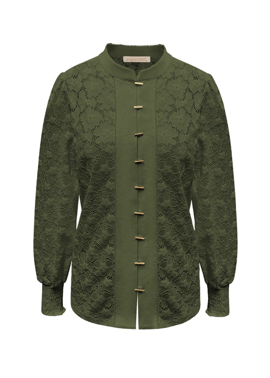 Triple Nine - Lace Blouse Mandarin Olijfgroen - 5946 - Peet kleding